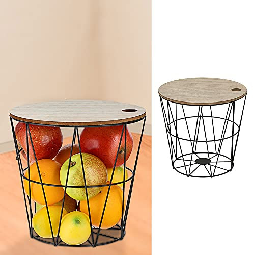 Metallkorb mit Holzdeckel | H 21cm Drahtgestell schwarz | Drahtkorb Aufbewahrung (1 x Metallkorb schwarz)