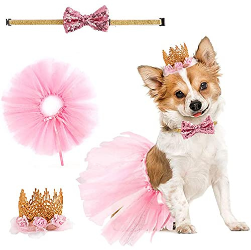 Zhenp Hochzeitskleid für Hunde – 3-teiliges Tutu-Rock, Geburtstagsanzug, Welpenhochzeitskostüm, verstellbar, mit Bandana, Krone, Rock und Kragen