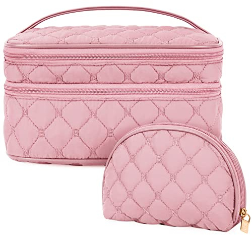 NUBILY Kosmetiktasche Damen Make up Tasche Doppelschicht Kulturtasche Groß wasserdichte Kulturbeutel Reise Schminktasche Mädchen 2 Stücke Rosa