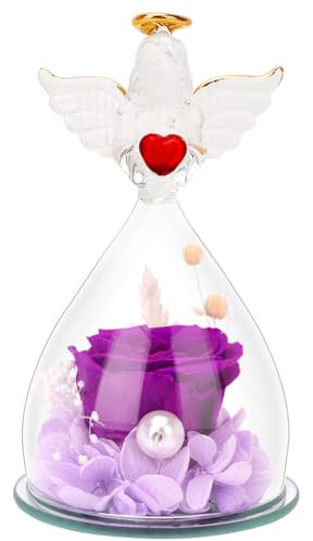 VOHESEA Ewige Rose im Glas Engel Figur - Lila Ewige Rosenblume Frauen Geschenk Glaskuppel Engelsstatue Handgefertigt ewige Rosenblume Geburtstagsgeschenk für Frauen, Mama, Mutter, Oma