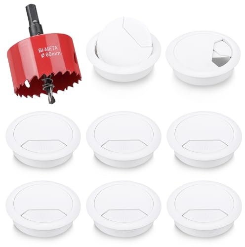 8 Pezzi Passacavi Scrivania Bianco 60 MM con 1 Sega a Tazza 60 MM, Tappo Foro Scrivania Passacavi, Copri Buco Scrivanie per Cavi per Organizzare Filo per Casa e Tavolo ddell’ufficio