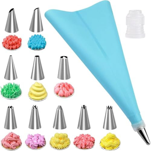 Piping Bags and Nozzles Set, 12 pcs Stainless Steel Nozzles Set with Coupler and 1 Silicone Reusable Piping Bags Icing Bag, Piping Nozzles Tips Kits for Decorating Cakes, Pastries & Cupcakes