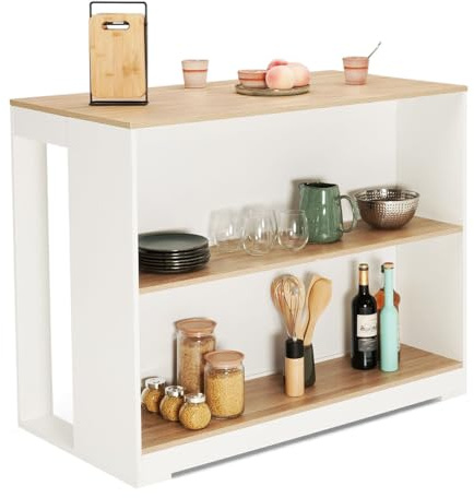 IDMarket – Mesa de Bar îlot Juno de Madera Blanca con Tablero de imitación de haya