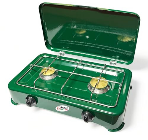Fornello 2 fuochi a gas GPL smaltato verde per uso esterno Made in Italy completo di regolatore di pressione e 1500 mm. di tubo gas - 5326/CV