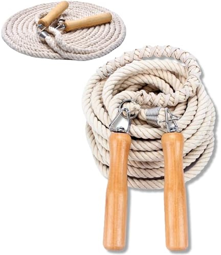 Corda per saltare in cotone e lino, 3 m, in tessuto di cotone, con manici in legno, per allenamento, scuola, famiglia, sport all'aria aperta