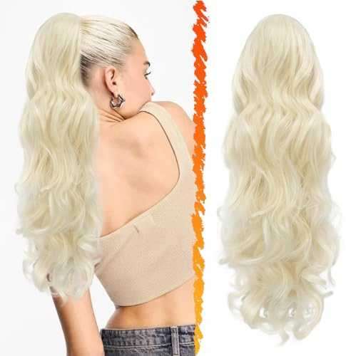 BARSDAR Pferdeschwanz Extensions Blond, 50cm Pferdeschwanz Haarverlängerung mit Kordelzug für Damen Lockige Gewellt Synthetik Clip in Pferdeschwanz Haarteil Ponytail Extension - Platinblond