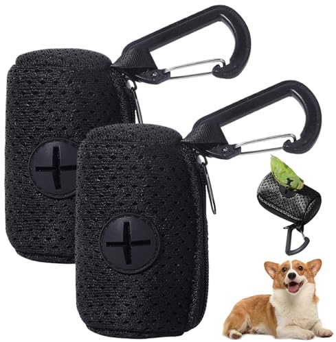 Hundbajspåsar hållare 2 st 7 x 5 cm nät med dragkedja hundbajspåsar dispenser med spänne andningsbar tvättbar bärbar hundbajspåsar hållare för koppel husdjursväska, ingen bajsväska, svart