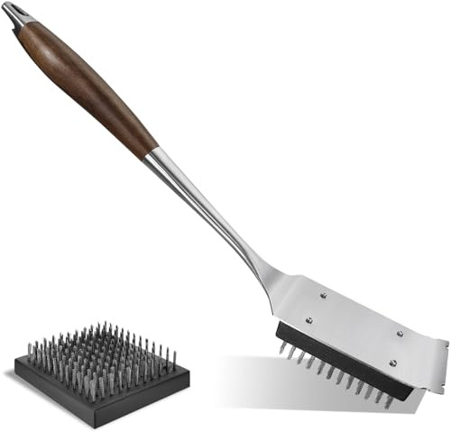 KULUNER Premium Grillbürste und Schaber - Massivholzgriff, kratzfreie Edelstahlborsten, inklusive Ersatzbürstenkopf - Eigenschaften Flaschenöffner, kompatibel mit allen Grills