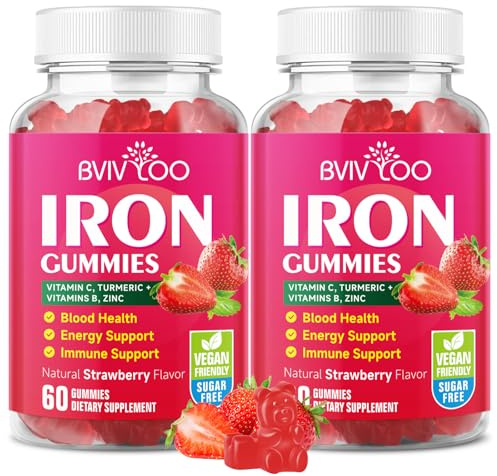 2 Pack Vegan Iron Gummies for Adults & Kids - with Vitamin C, A, B-Complex, Folate, Zinc, and Biotin - for Blood Building & Energy Support, 120 Gummies