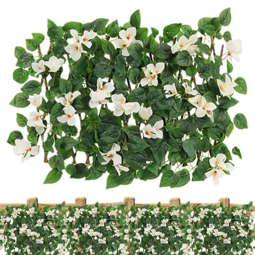Expanding Garden Trellis Panels,Garden Fence Screening With Artificial Ivy&Violet Flower,Garden Screening Privacy Hedge Screen Telescopic Trellis With Leaves And Flowers For Backyard Garden Home Decor