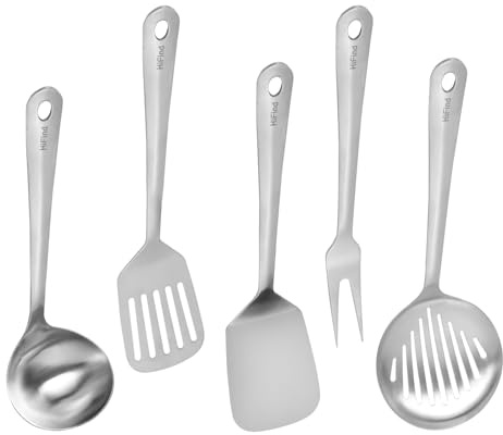 HIFIND Juego de utensilios de cocina, juego de utensilios de cocina de acero inoxidable, utensilios de cocina duraderos, 5 piezas, cucharón, espumadera, espátula ranurada, espátula sólida, tenedor de