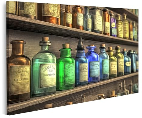 islandburner Bild auf Leinwand Alte Apothekerflaschen auf Holzregal für Apotheke Apotheker Arztpraxis Bilder Wandbilder Poster
