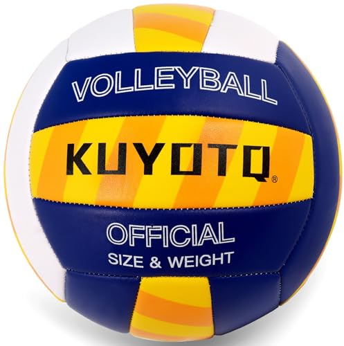 KUYOTQ Beachvolleyball - Strandvolleyball Offizielle Größe 5, mit Klassischen Streifen in Gelb, Blau & Weiß - Weiche 3mm Oberfläche für Indoor & Outdoor, Jugendliche und Erwachsene