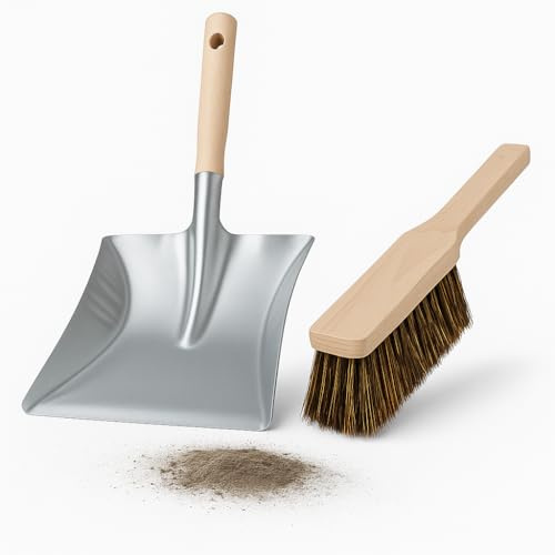 woplus Handfeger und Kehrblech Set – Handbesen mit lackiertem Holzgriff & Schaufel aus verzinktem Stahl mit Stahlstiel – Kehrgarnitur für Haushalt & Werkstatt (Set Handfeger & Schaufel mit Holzstiel)