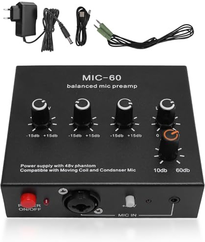 Yanmis Préampli Micro, 60 DB Gain élevé, 48V Power, 3,5mm/6,35mm/XLR Sortie, Préamplificateur de Microphone, Préampli Microphone pour Micro à Condenseur et Dynamique (Prise UE)