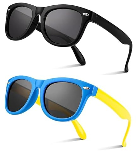 dinghaole 2 Pcs Polarisées Lunettes de Soleil Enfant, Protection UV, Lunettes de Soleil Polarisées pour Enfants, Lunettes de Soleil UV400 pour Filles et Garçons âgés de 3 à 12 ans, Noir et Bleu