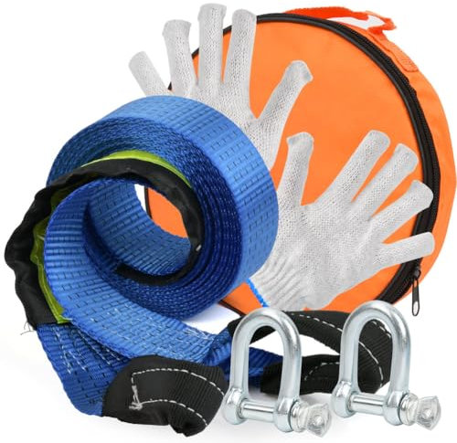 Tow Rope Heavy Duty 4.8mx5cm 7.5T (16500Lbs), Recovery Tow Strap with Reflective Strips, 2mm Thick Towing Belt for Road Car Breakdowns Recovery Straps, Tow Belt Strap Rope with 2 Gloves, 2 D Shackles