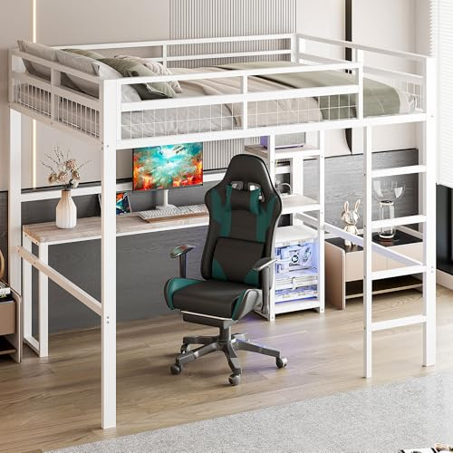 ZYLOYAL10 Hochbett, Eisenrahmen, mehrere Einlegeböden, Schreibtisch mit Steckdose, mit USB Type-c, Geländer, Trittleiter, ohne Matratze (Weiß, 140 x 200cm)