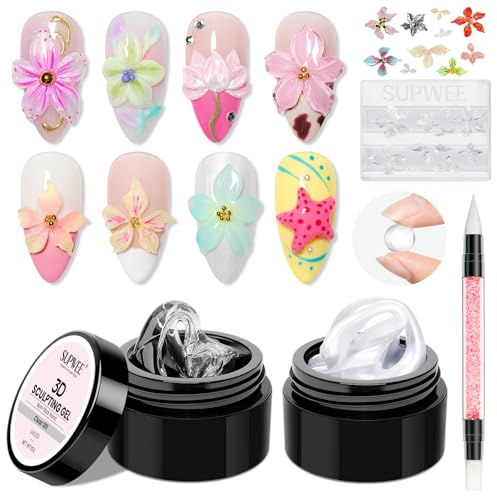 SUPWEE 3D Gel Nail Art für Nagel, 15g Klar Perlweiß 3D Sculpting Gel | Blumenform und Silikonstift Multifunctional Solid UV Modelliergel für Frauen Mädchen Nail Art Home Salon