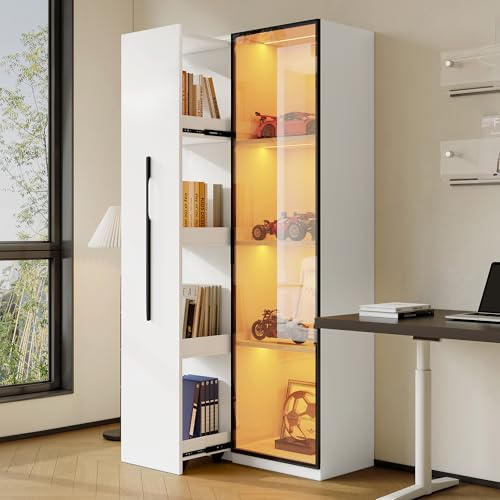 Merax Bücherschrank mit Glastüren, Multifunktionsschrank 160cm hoch, Vitrinenschrank Stehend, Glasvitrine mit LED-Beleuchtung und Schienenauszug-Regalenücherregal, Weiß, 70x40x160cm