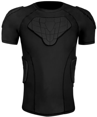 Maglietta a compressione imbottita con protezione per le spalle, da uomo, protezione per il torace, calcio, paintball, baseball, 4-nero, L