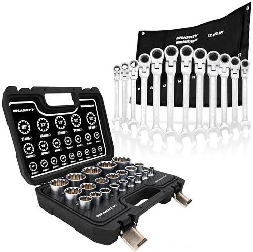 HASKYY Juego de llaves tubulares XZN – 1/2 pulgadas 8-36 mm 12 cantos y anillo de boca articulada llave de carraca 8-19 mm, juego completo de herramientas 33 piezas