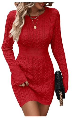 GORGLITTER Women's Knitted Jumper Dress Ladies Long Sleeve Bodycon Sweater Dress Fall Winter Pencil Mini Dresses Red M