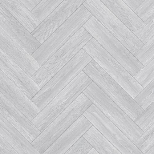 Vinyl Flooring Wood Oak Herringbone Design Foam Backed Vinyl Flooring Roll | Non-Slip Easy Clean Waterproof Lino Vinyl Floor | Living Dining Room, Lounge, Hallway Flooring (Light Grey, 3m x 2m)