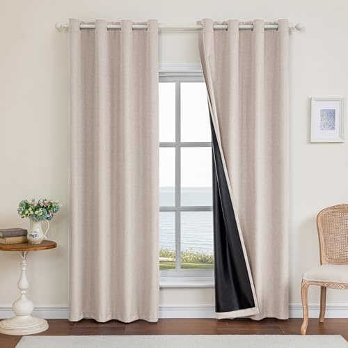 Ystyle 100% Cortinas Opacas 2 Piezas, 140x200cm, Lino Cortinas Dormitorio con Ojales Anti Luz Cortina Termica Aislantes Frio y Calor para Salon, Caqui