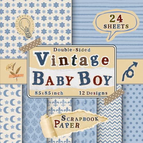 Vintage Baby Boy Scrapbook Paper: 24 Double-Sided Sheets with Blue-Themed Designs for Scrapbooking, Journals, Card Making, DIY Crafts & Origami