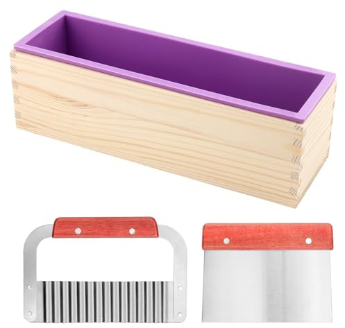 MAKTSAM Silicone Soap Mould Making Kit with 42oz Rectangular Loaf Mold, Wooden Box and Stainless Steel Wavy Straight Cutter Tools for DIY Handmade Craft