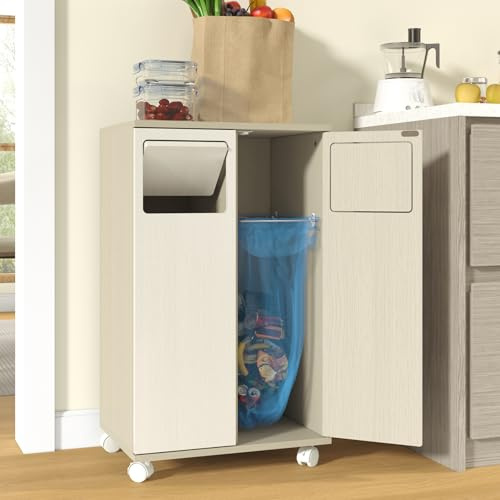 PLLBIKK Cubo de basura para cocina, cubo de basura con ruedas, armario de cocina con sistema de separación de residuos, sistema de separación de residuos de 2 compartimentos, armario universal en