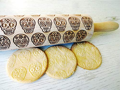 Mattarello Legno Goffrato CRANIO DI ZUCCHERO2 | Mattarello Inciso | Rullo per Biscotti e per Modellare | Mattarello per Halloween | Mattarello Decorativo per Biscotti di Algis Crafts