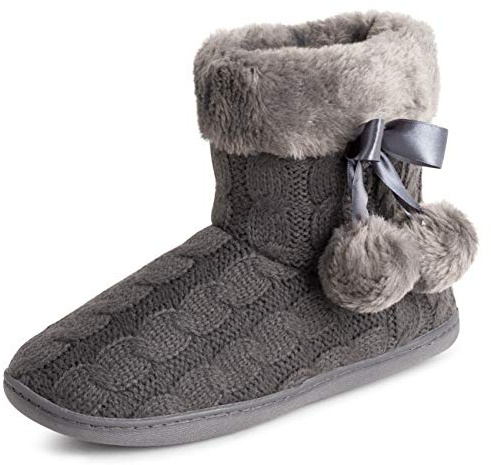 Polar Womens Memory Foam Pom Pom Winter Faux Fur Luxury Plush Cosy Anti Slip Indoor Outdoor Slippers - Grey Knitetd - UK6/EU39 - YC0715