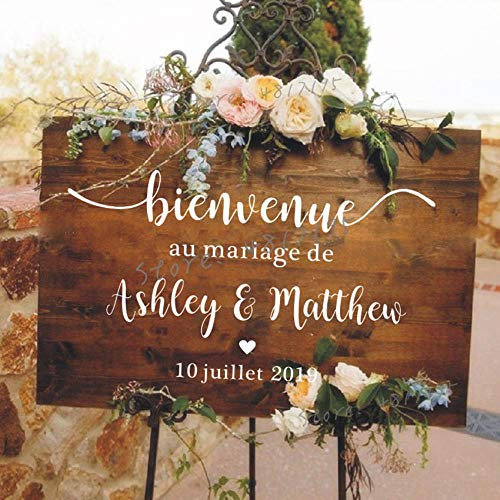 Autocollant mural en vinyle miroir de mariage de style français avec noms personnalisés, panneau de bienvenue de mariage, décoration romantique AZ843, H608 rouge, 98 x 57 cm