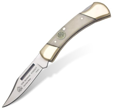 PUMA SGB Gentleman White Bone Klappmesser | 5,8 cm Clip Point Klappklinge handgefertigt aus deutschem 1.4116 Stahl – Lockback-Mechanismus – Messingbolster – leicht 57 g