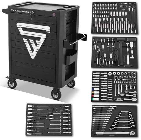 STAHLWERK Werkstattwagen Shark bestückt mit 235 Premium-Werkzeugen aus Chrom-Vanadium abschließbarer Werkzeugwagen | Profi Montagewagen mit 7 Schubladen und gummierten Long-Life-Rollen