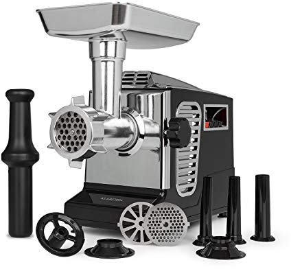 Klarstein Kraftprotz - Hachoir à viande électrique, 700 watts, 2 vitesses, Marche arrière, Couteau en inox, Grand bol en aluminium, 3 disques perforés, Nettoyage facile, Poussoir en plastique - Noir