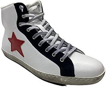 VIA CONDOTTI Scarpe Sneakers Alte Uomo Pelle Bianco Blu Stella Rossa Nuovo