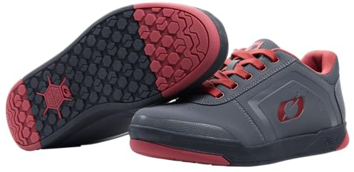 O'Neal | Zapatillas de Bicicleta de Montaña MTB DH FR| Veganas | Equilibrio Entre el Agarre, Estructura de la Suela en Forma de Panal | Pedal Plano con Clavos V.22 | Adulto | Rojo Gris | 43