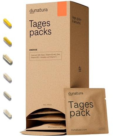 Dunatura Energie Tagespacks - 28 Tagespacks - Energiestoffwechsel | Mit Coenzym Q10, B-Vitaminen, Vitamin C, D3, K2, Zink & Selen; vegan; ohne unnötige Zusatzstoffe