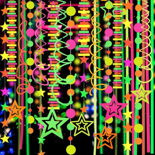 540feet Paper UV Neon Garland Neon Streamers Glow in The Dark Neon Party Supplies and Decorations Glow in The Dark Streamers Blacklight Reactive Fluorescent Black Light Party Kit for Birthday Wedding