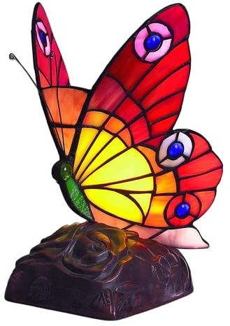 Loxton Lighting Tiffany Style Butterfly Table Lamp, Stained Glass Night Light, 10 Inch Handmade Decorative Accent Lamp for Bedroom, Living Room, Office, Art Deco Animal Design