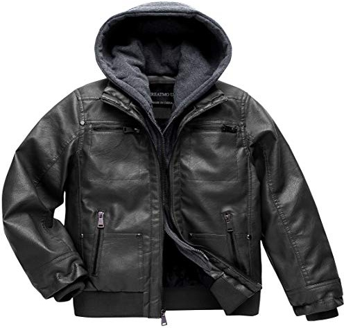 CREATMO US Leather Bomber Jacket for Boys - Faux Leather, Velvet Lined, Lightweight Coat - Black, Size 8