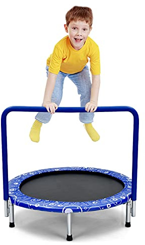 GYMAX Kindertrampolin 92 x 92 x 80,5 cm, bis 150kg belastbar, Trampolin faltbar mit Schaumstoffgriff & Sicherheitspolster, Mini Trampolin für Kinder, Springtraining für Innenbereich