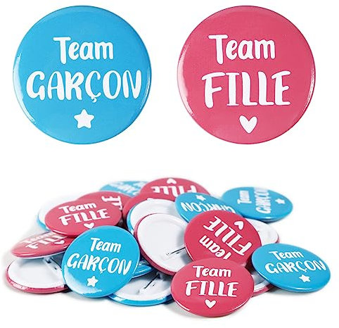 24PCS Badges pour Gender Reveal Révélation du Genre Team FILLE et Team GARÇON Décoration pour Baby Shower Fête Cadeau Naissance Party Prénatale Baptême