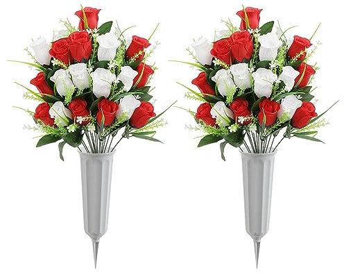U'Artlines Künstliche Friedhofsblumen für Grabschmuck, Seide, Gedenkrosen, Grabblumen für Grabvasen, Friedhof, Blumenarrangements (Rot und Weiß), 2 Stück