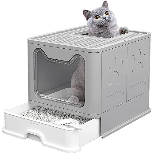 Bandeja de arena para gatos grande para gatos con tapa, gran bandeja de arena plegable con cajón y pala, WC para gatos (gris, 51 x 41 x 38 cm)