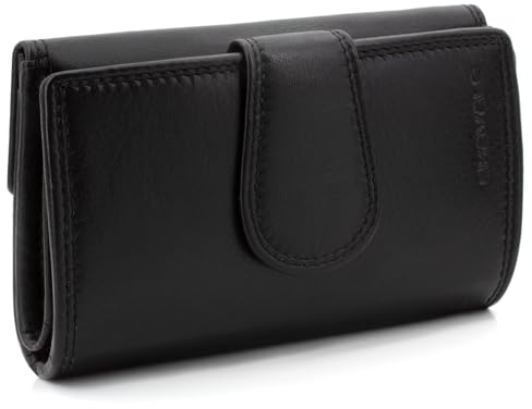 ekavale Damen-Geldbörse aus Leder mit Druckknopf-Verschluss, RFID-Schutz - Portemonnaie Damen (Schwarz)