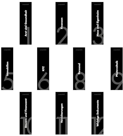 10er Komplett-Set Rückenschilder für DIN A4 Ordner, beschriftete Einsteckschilder im Format 53 x 186 mm, passend für 8 cm Ordner mit Einstecktaschen